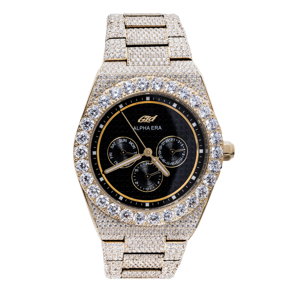 42mm Iced Alpha Era Moissanite in Gold Black Dial