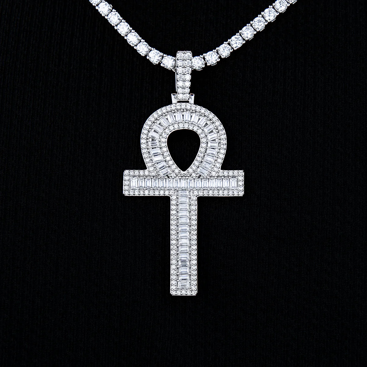 Moissanite Ankh Cross Pendant in Sterling Silver