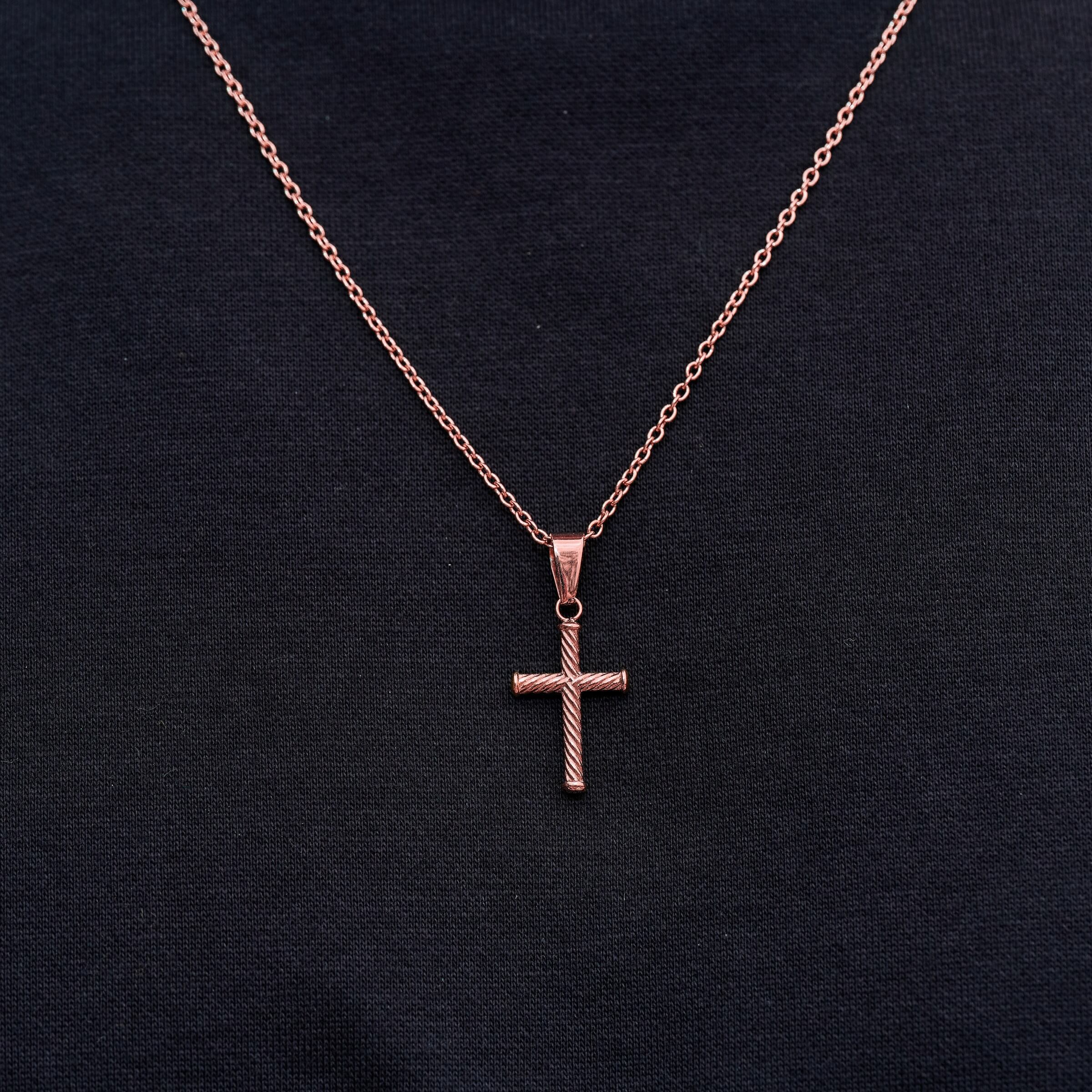 Micro Twisted Rope Cross Pendant in Rose Gold