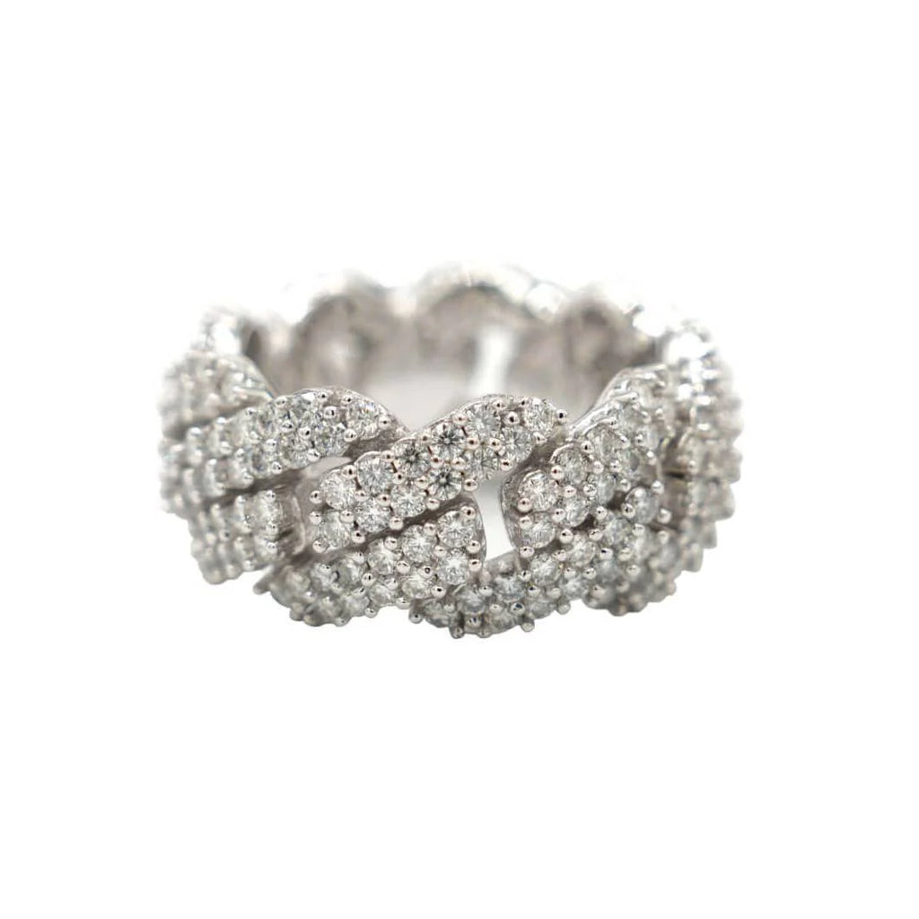 Men's Moissanite Diamond Prong Cuban Ring in White Gold Vermeil