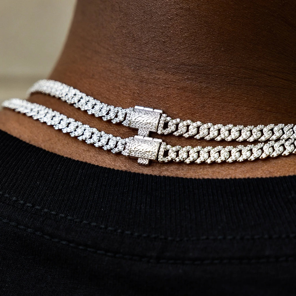 Men's 6MM Micro Diamond Prong Moissanite Cuban Chain Necklace in White Gold Vermeil