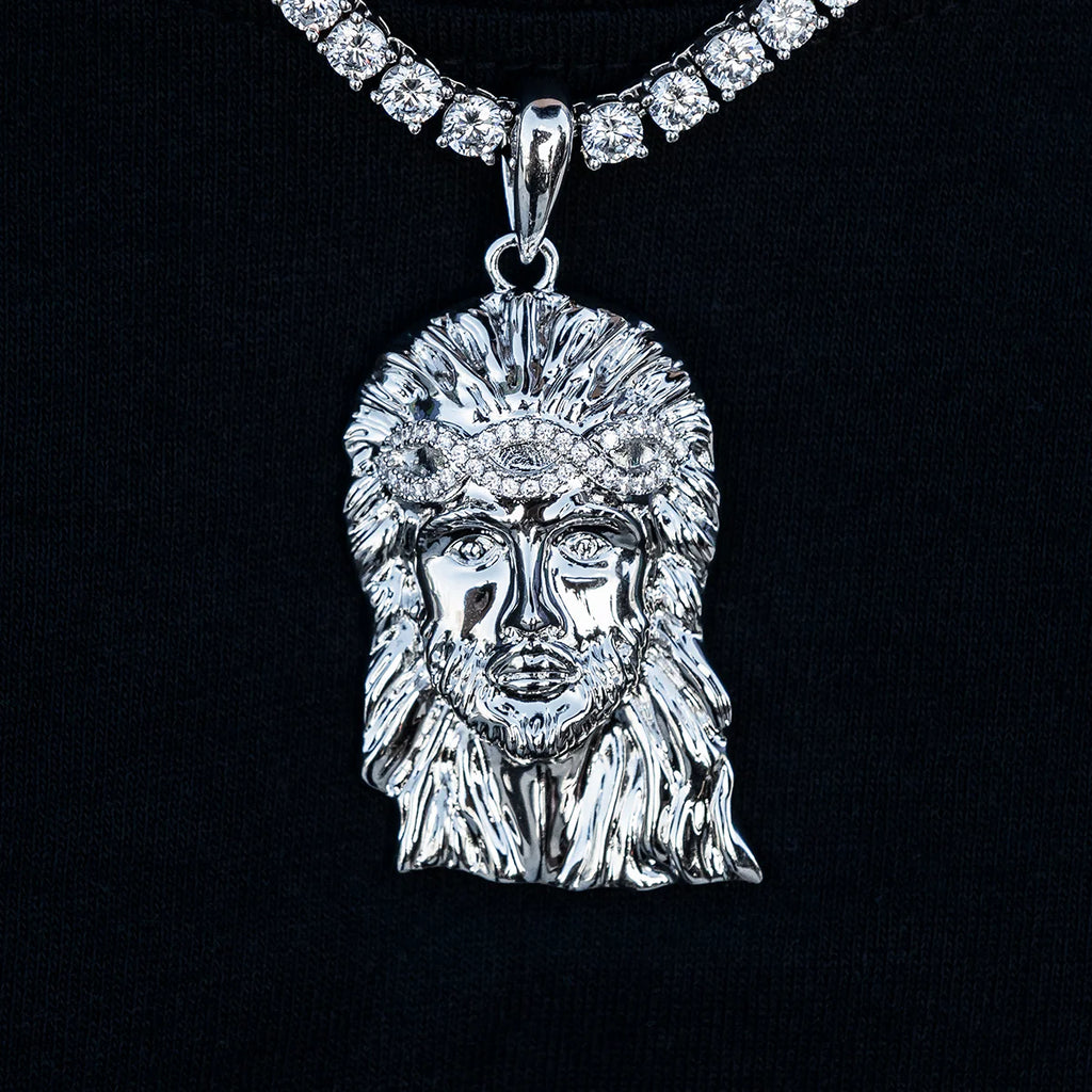 Large Diamond Crown Portrait of Jesus Pendant in White Gold