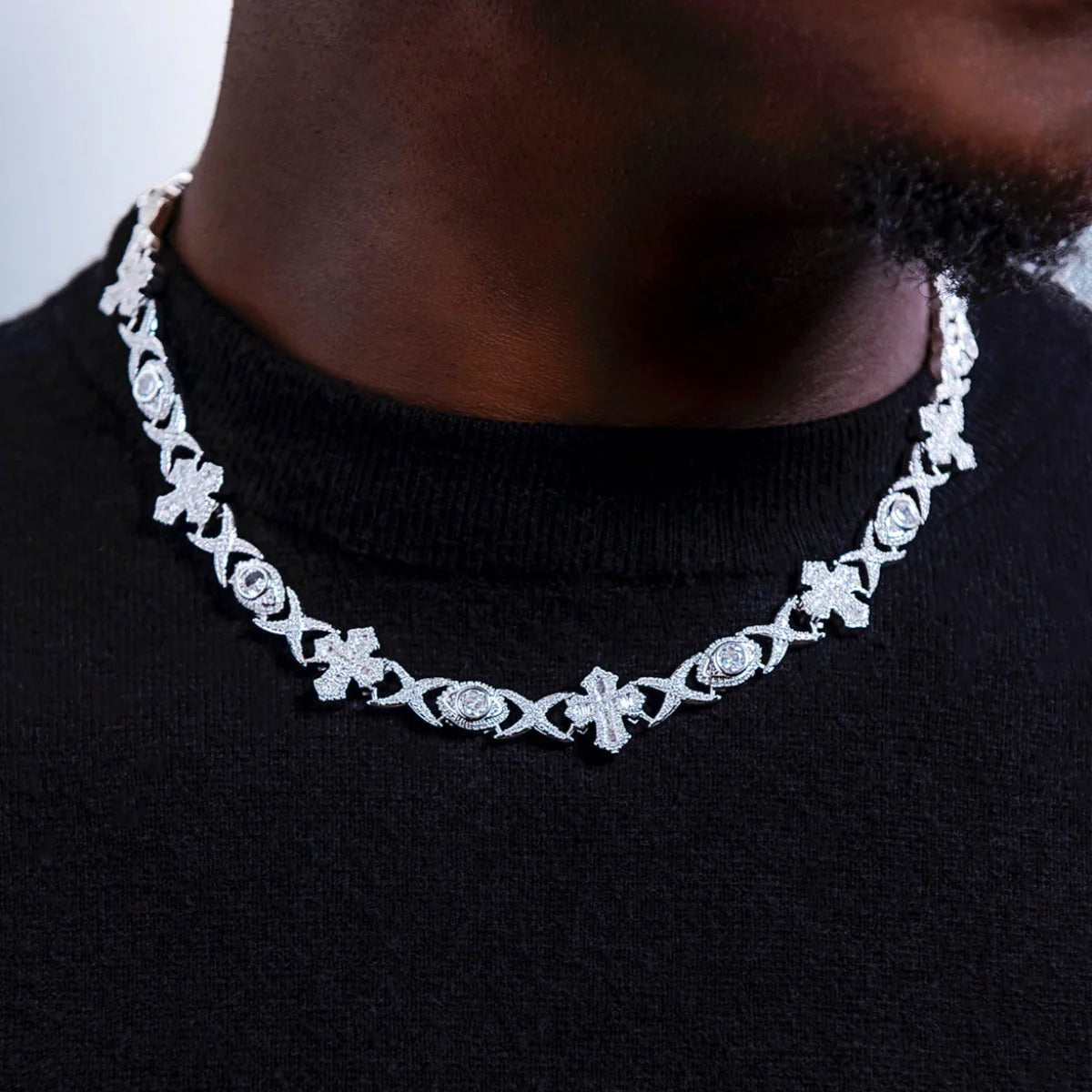Baguette Cross Evil Eye and Diamond Station Cuban Chains + Bracelet Bundle in White Gold