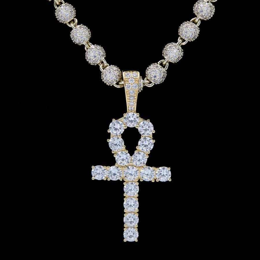 Iced Ankh Cross Pendant in Yellow Gold