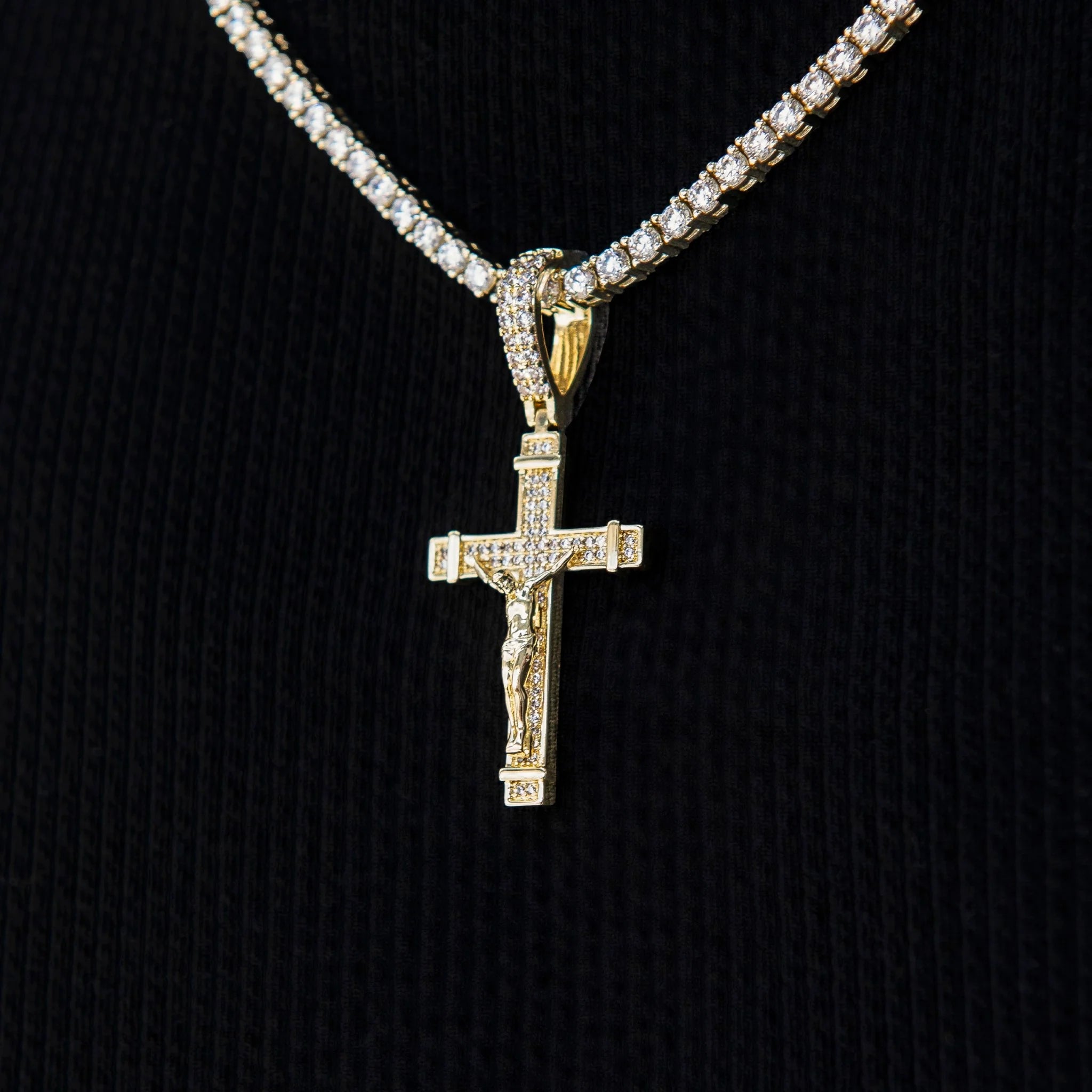 Iced Flat Crucifix Cross Pendant in Yellow Gold