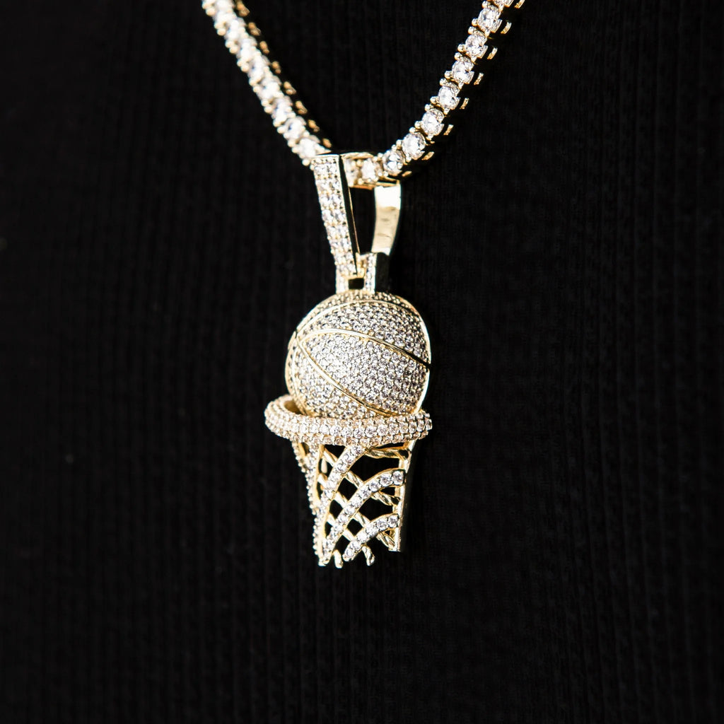 Iced Basketball Hoop Pendant in Yellow Gold