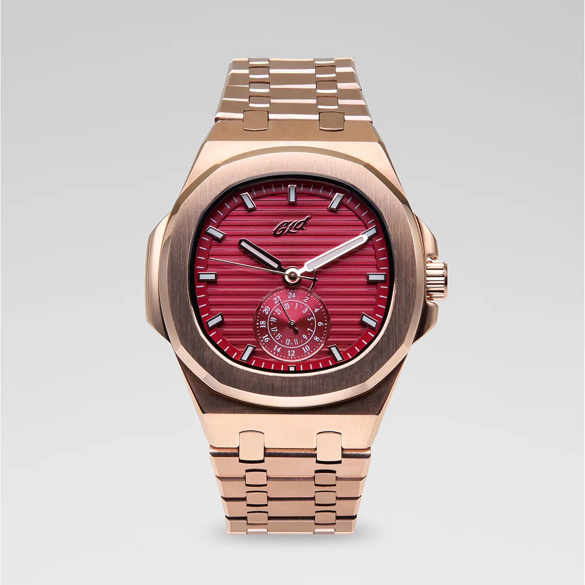39MM Visionary Plain Case & Red Dial Watch - Rose Gold