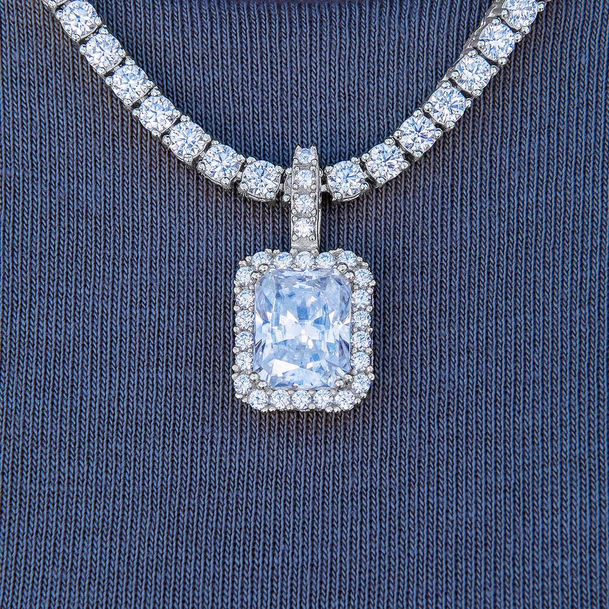 Men's Moissanite Micro Diamond Stone Pendant in White Gold Vermeil