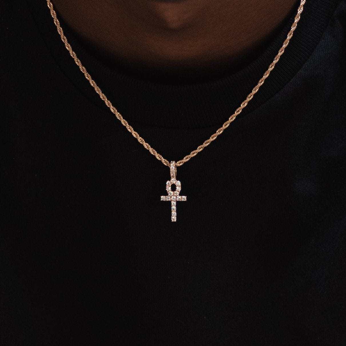 Solid Gold Micro Ankh Cross Pendant-VS Diamonds