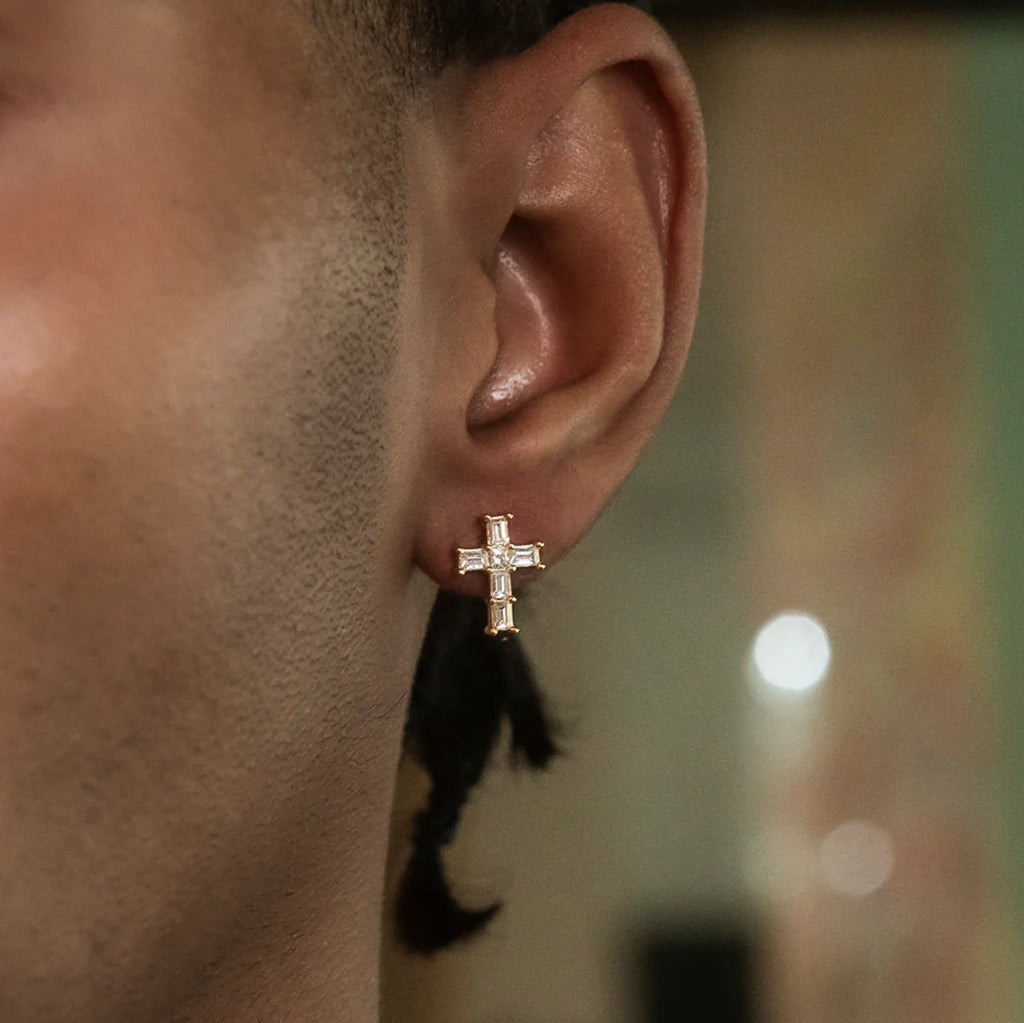 Diamond Baguette Cross Stud Earrings in Yellow Gold