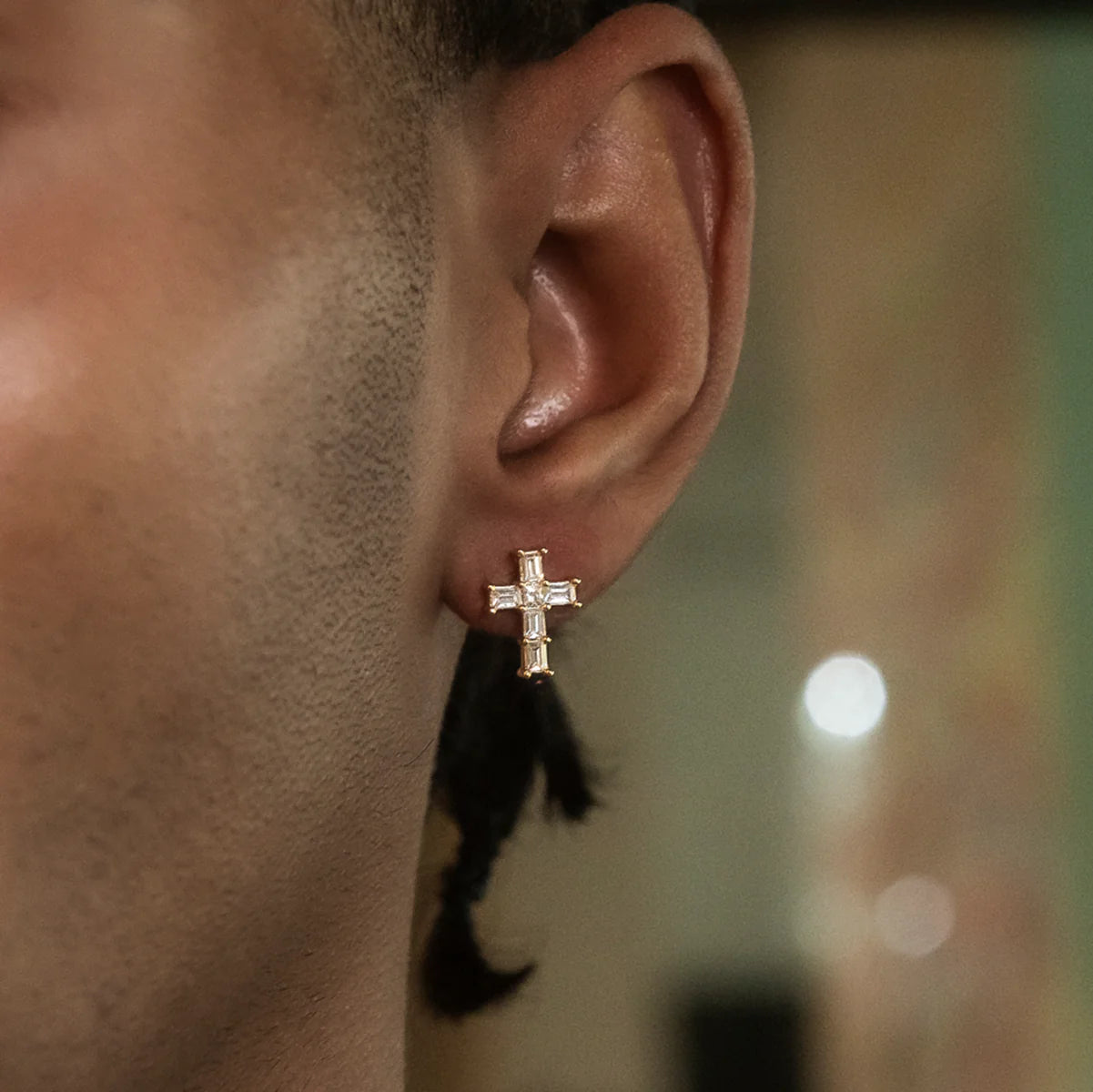 Diamond Baguette Cross Stud Earrings in Yellow Gold