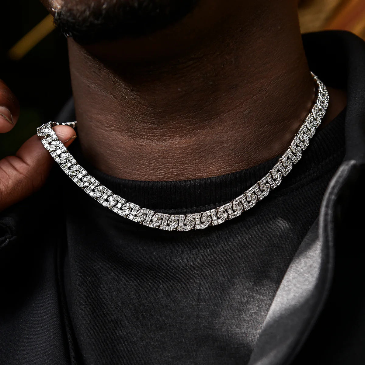 Baguette Chain Link Necklace + Bracelet in White Gold- 8mm