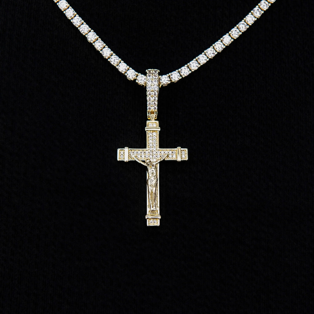Iced Flat Crucifix Cross Pendant in Yellow Gold
