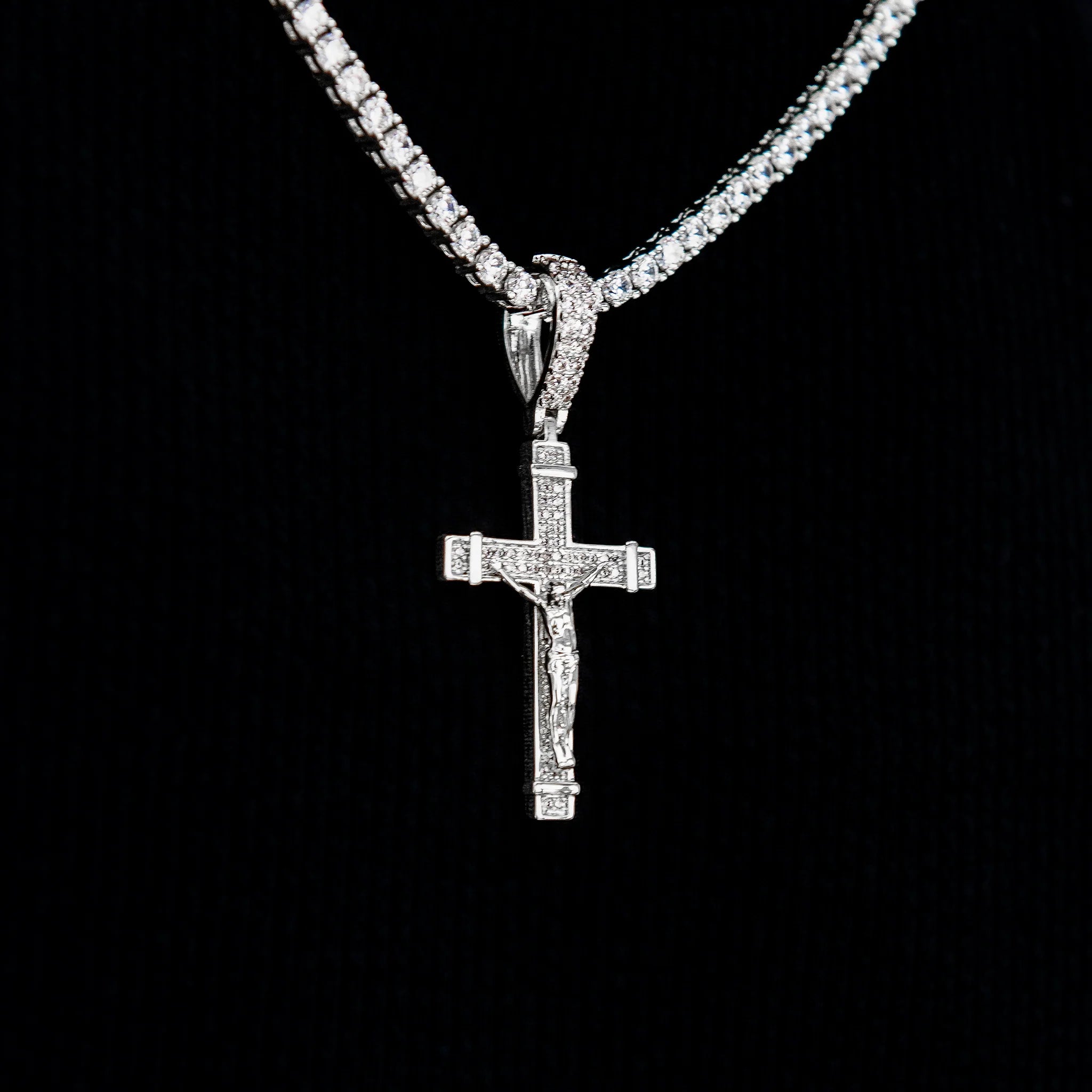 Iced Flat Crucifix Cross Pendant in White Gold