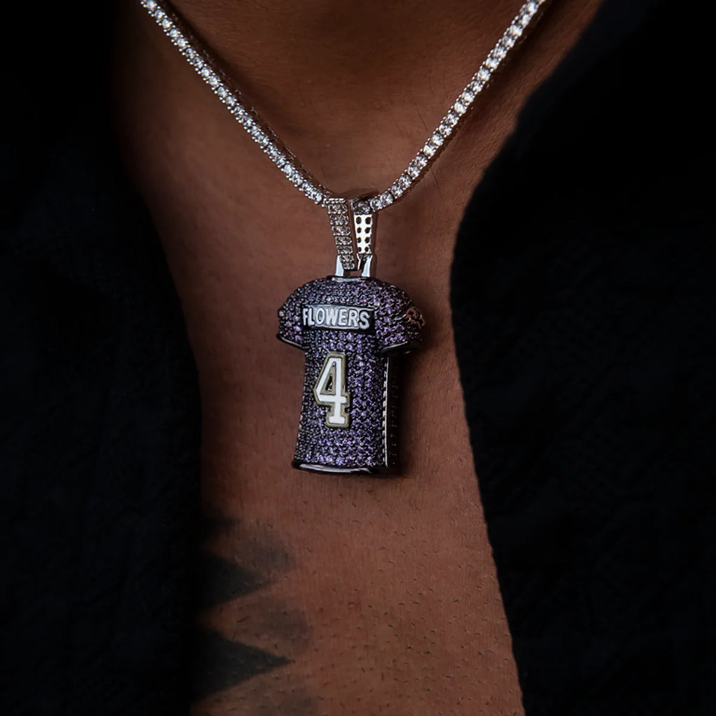 Zay Flowers Baltimore Ravens Purple #4 Jersey Pendant - White Gold