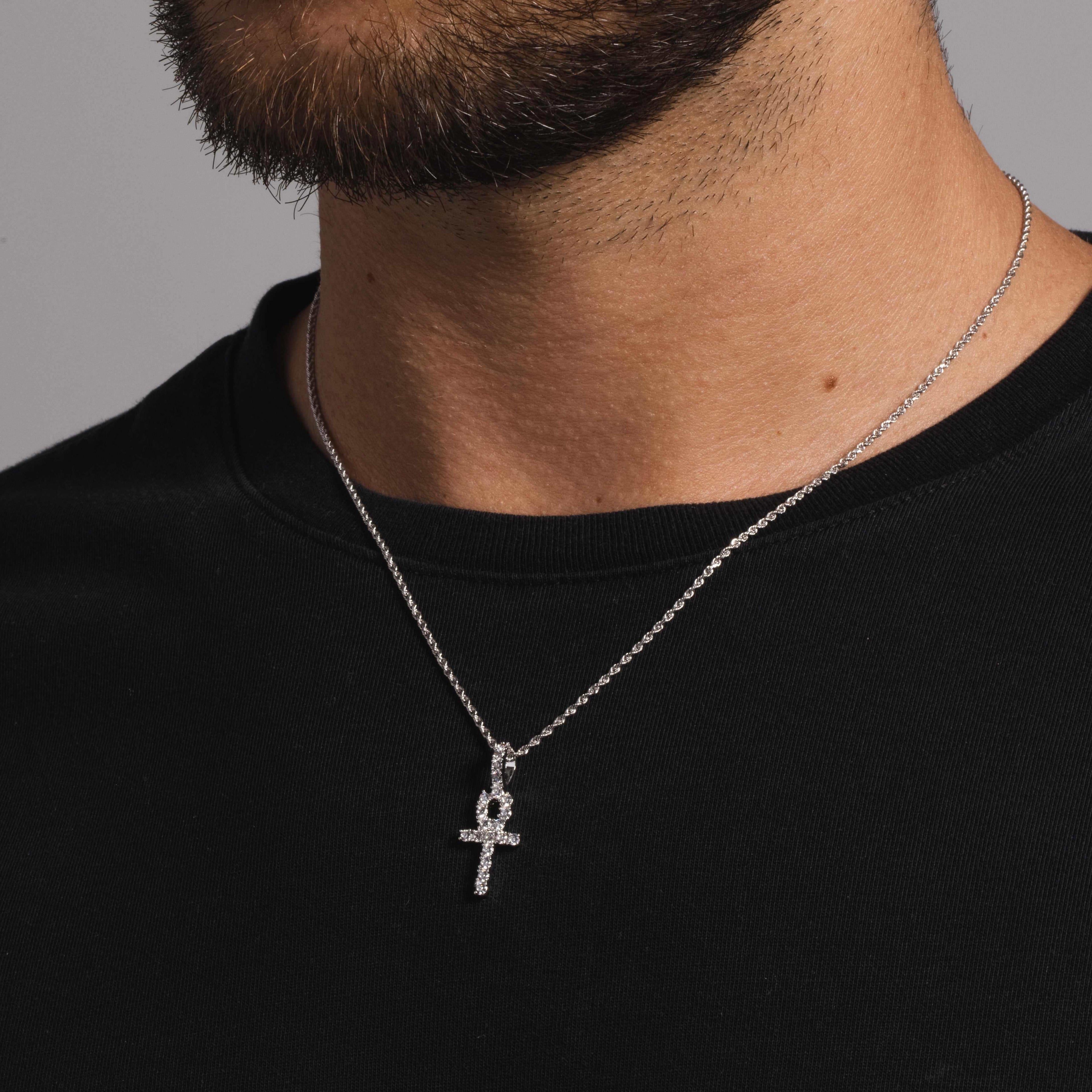 Solid White Gold Micro Ankh Cross Pendant-VS Diamonds