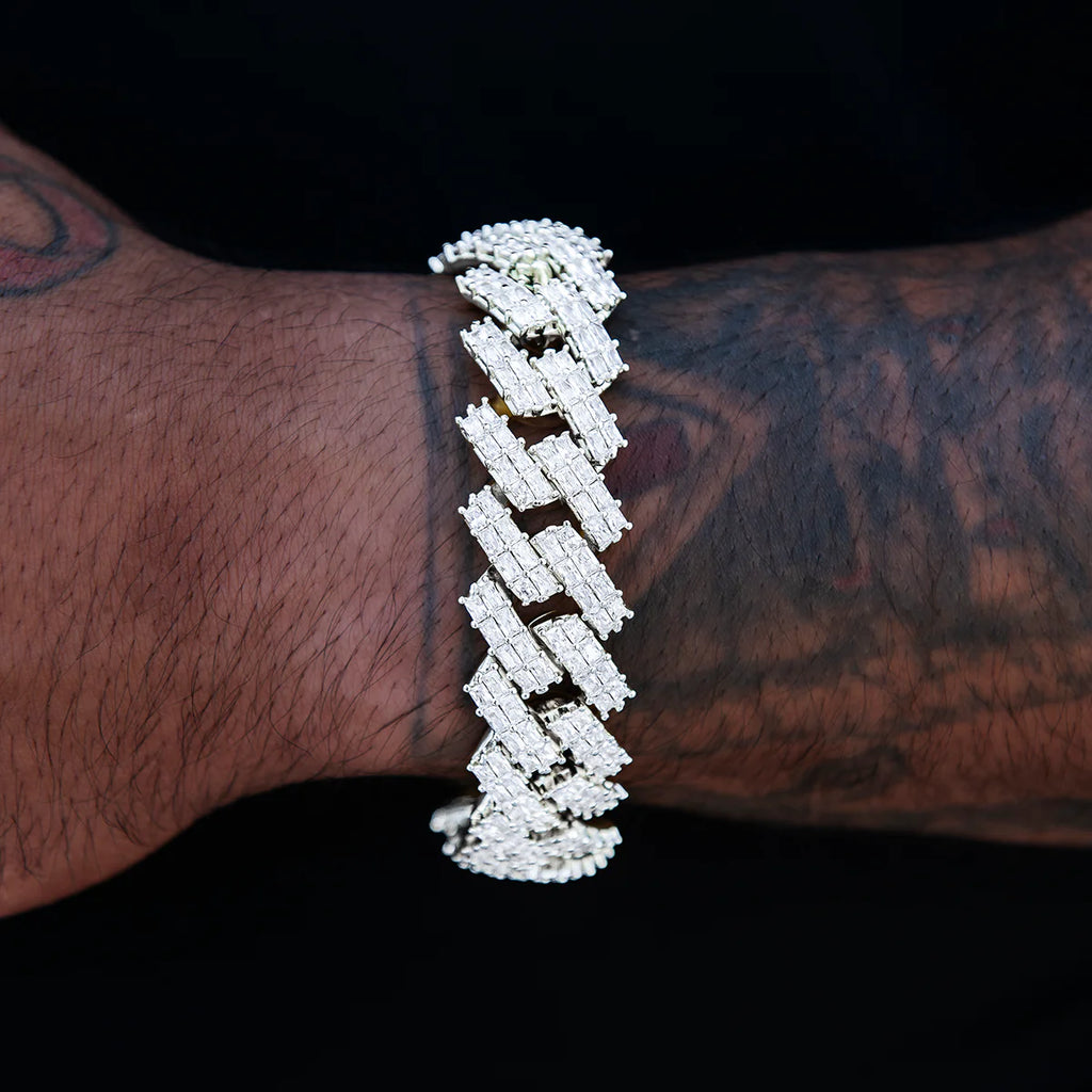 19MM Prong Baguette Cuban Bracelet in White Gold