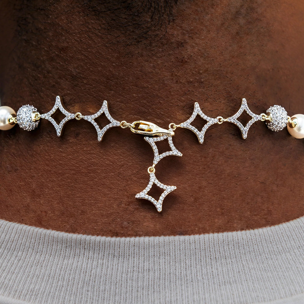 Iced Beaded Pearl Chain in Yellow Gold