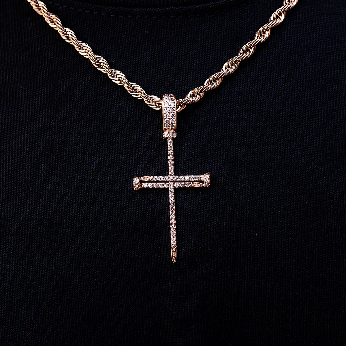 Iced Nail Cross Pendant in Rose Gold