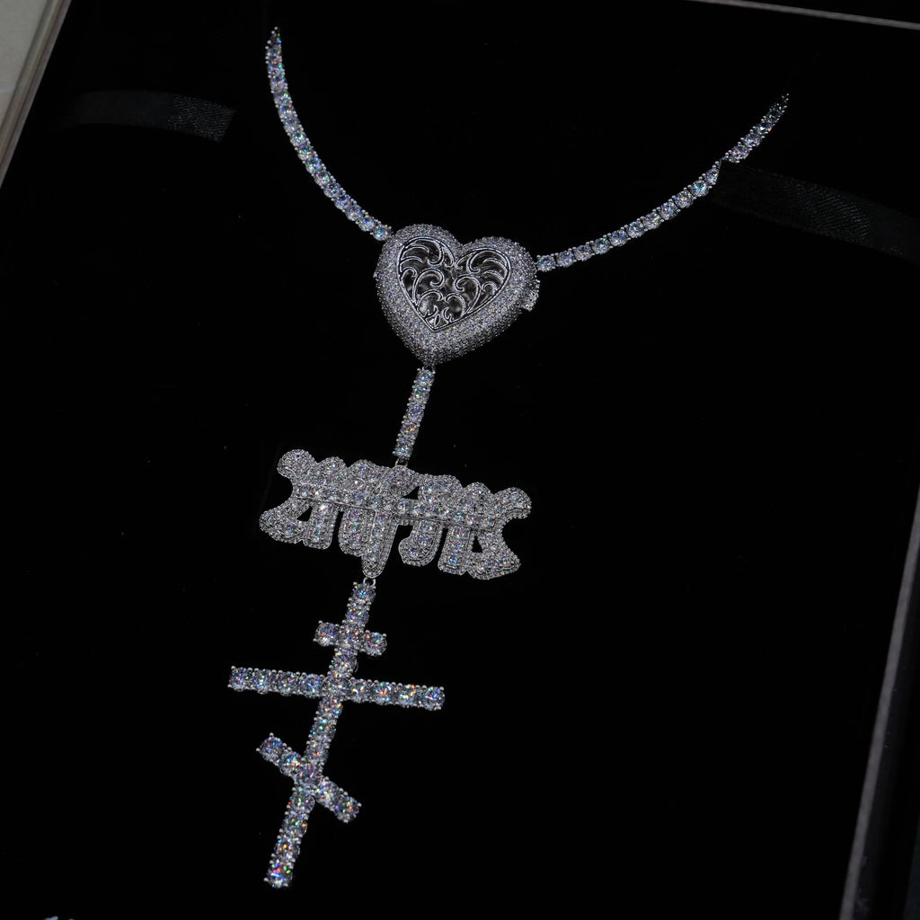 GLD X Bloody Osiris Moissanite Locket Rosary Chain in White Gold Vermeil