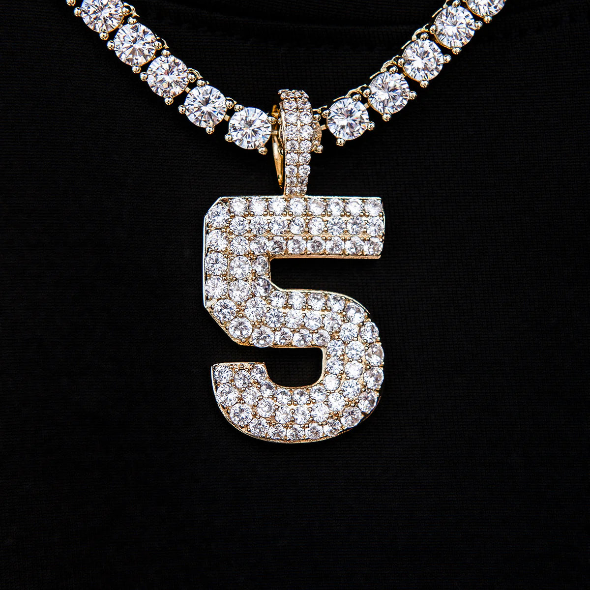 Pave Number Pendants in Yellow Gold