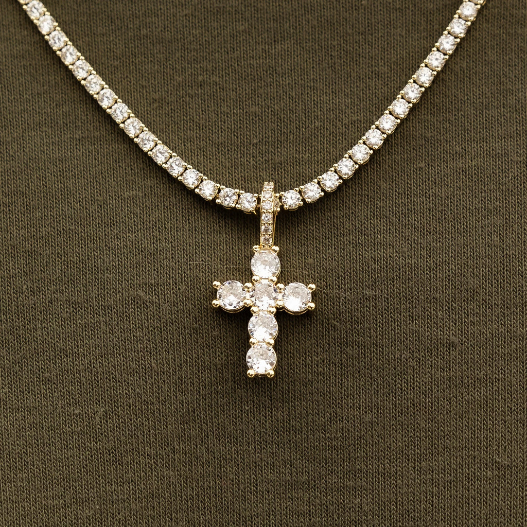 Iced Micro Round Cross in Yellow Gold