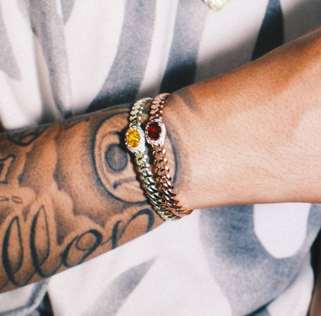 Iced Burgundy Oval Cuff in Rose Gold + Iced Canary Oval Cuff in Yellow Gold Bundle - 3mm
