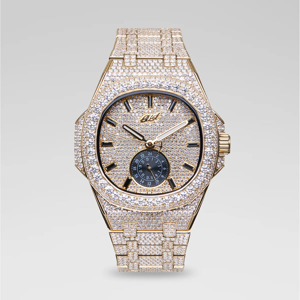 39MM Visionary Fully Iced Case & Steel Band Watch - Yellow Gold