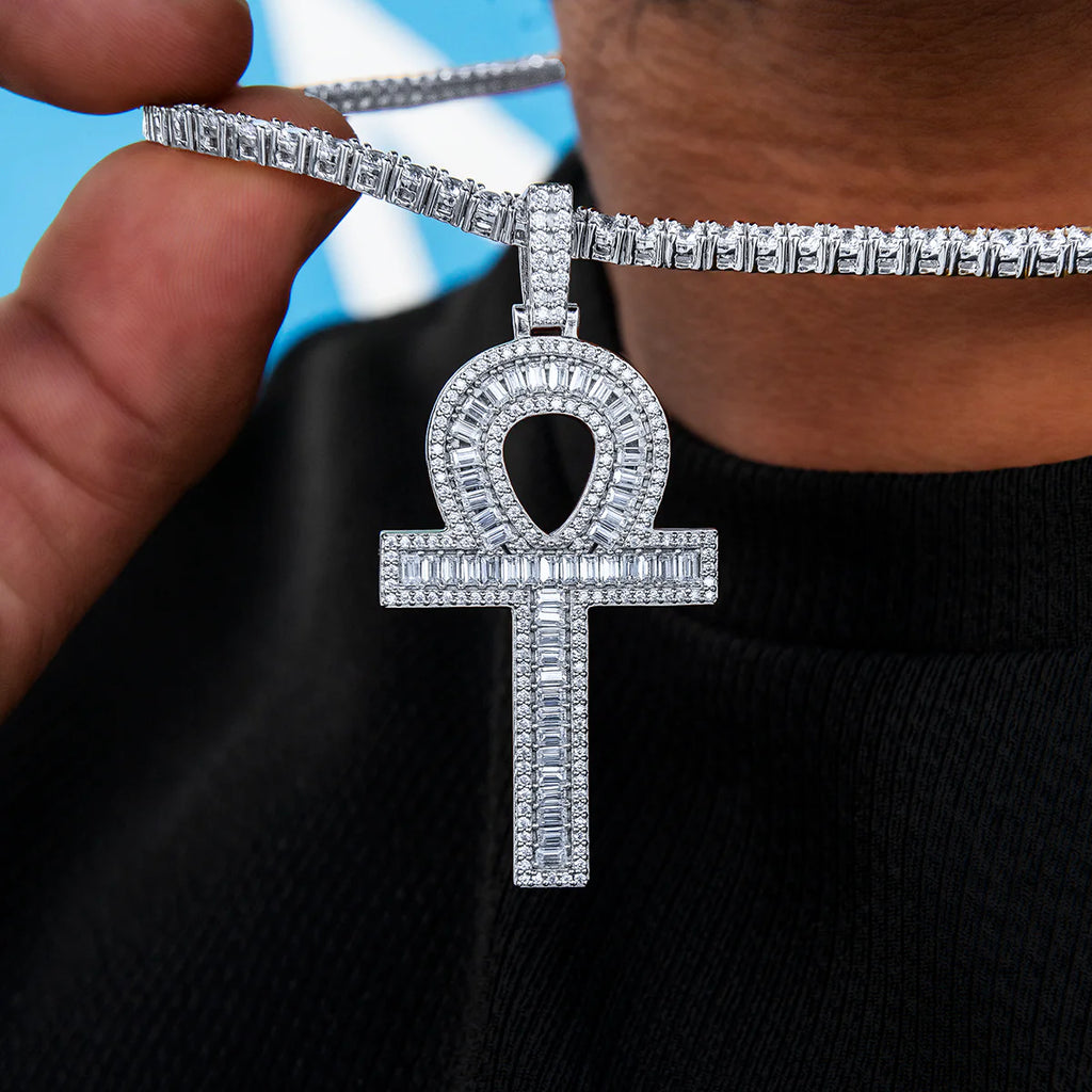 Men's Moissanite Ankh Cross Pendant in White Gold Vermeil
