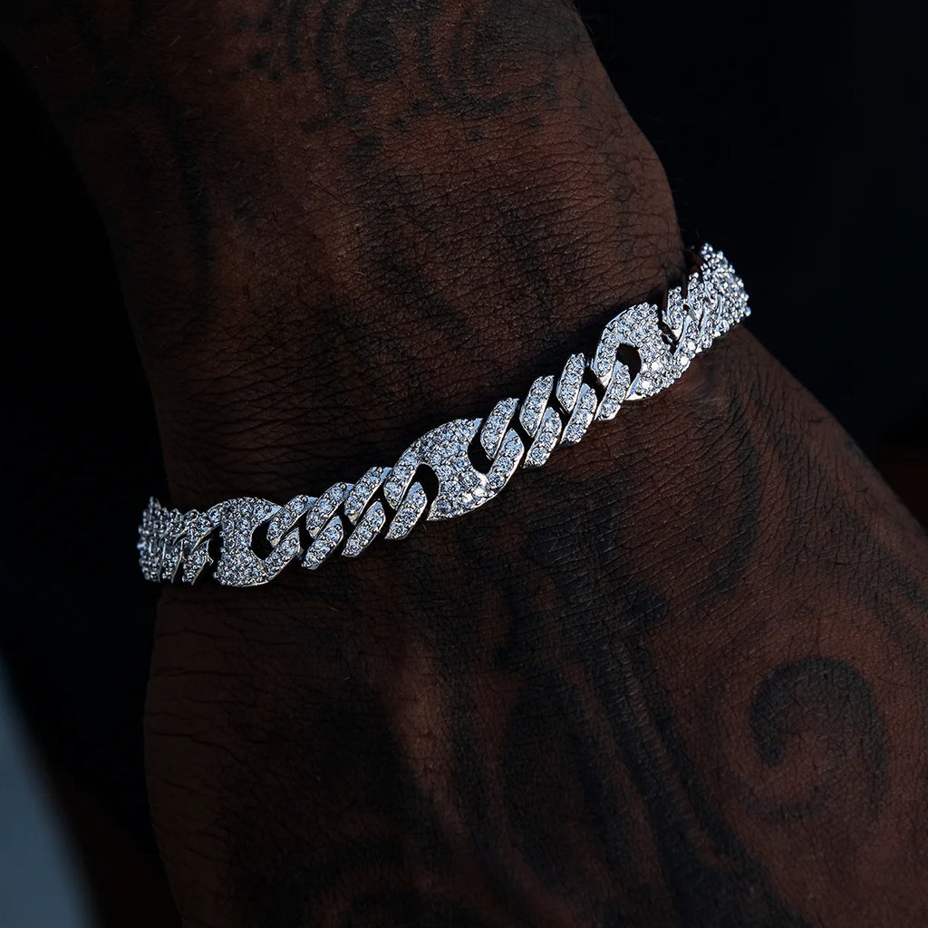 9MM Iced Puffed Mariner Cuban Bracelet - White Gold