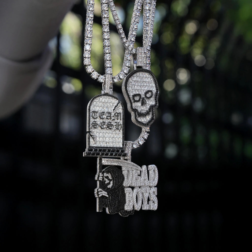 GLD X Sesh Bones Iced Grave Pendant in White Gold