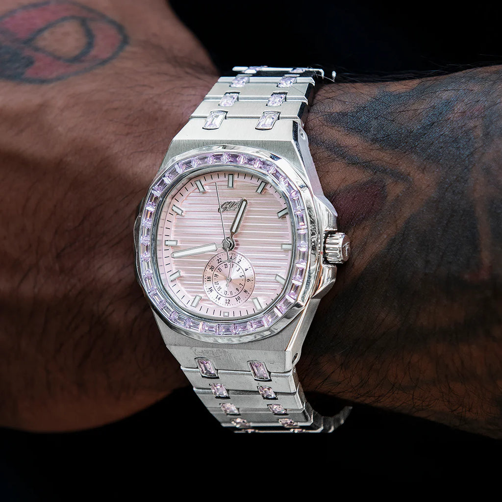 39MM Visionary Moissanite Iced Pink Stone Band Watch - White Gold