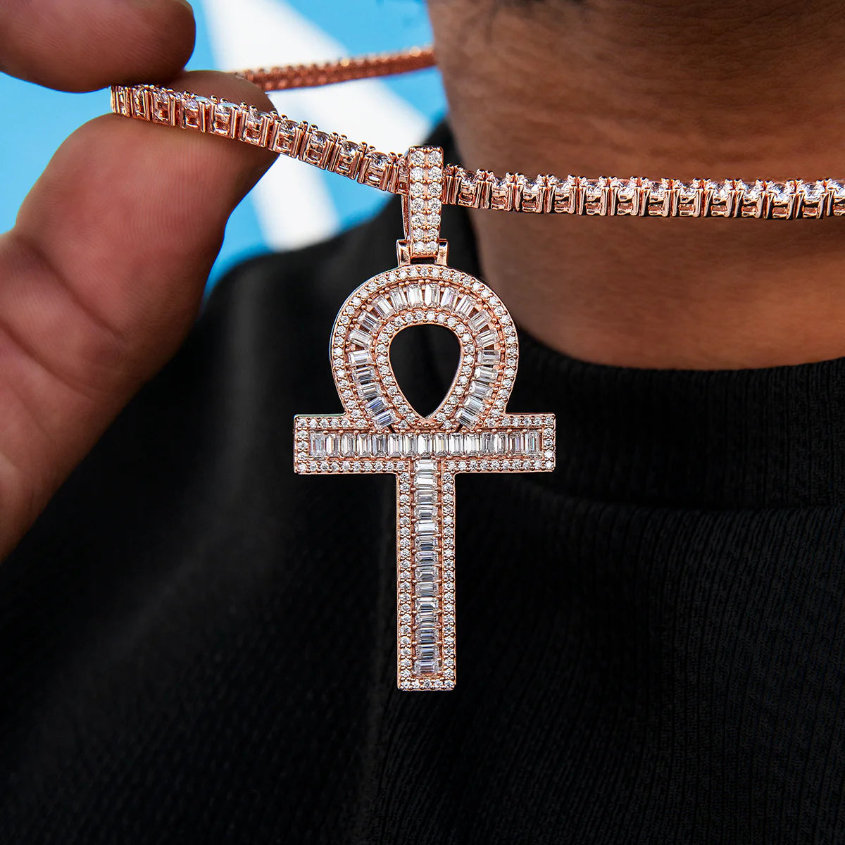 Men's Moissanite Ankh Cross Pendant in Rose Gold Vermeil