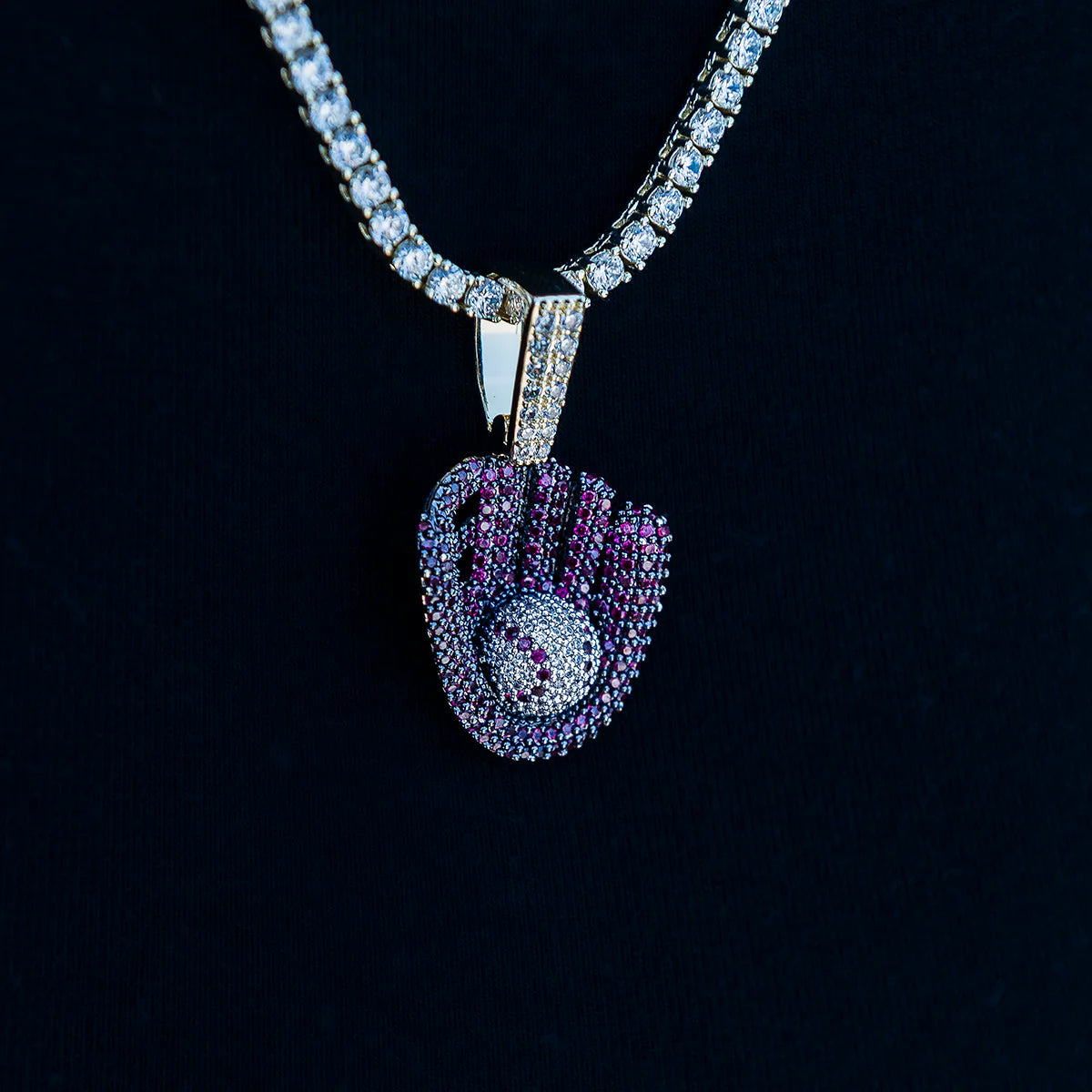 Iced Purple Baseball Pendant in Yellow Gold