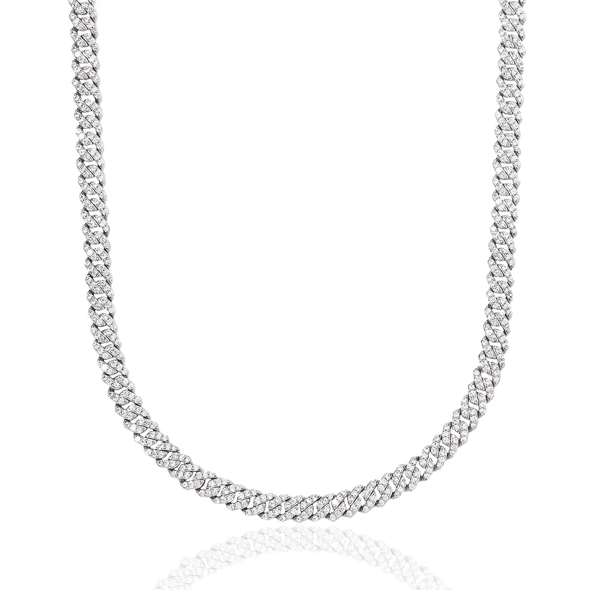 Micro Diamond Prong Cuban Chain in White Gold - 6mm