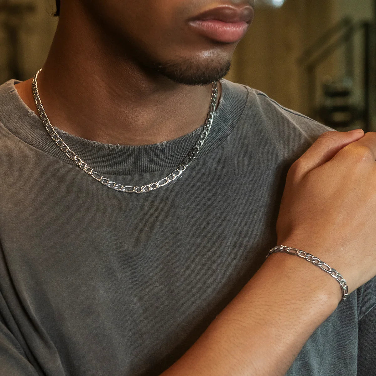Figaro Chain + Bracelet Bundle in White Gold- 6mm