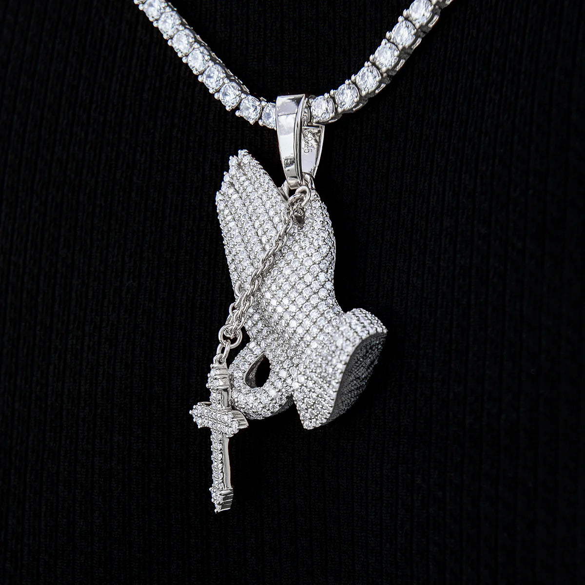 Moissanite Praying Hands Pendant in Sterling Silver