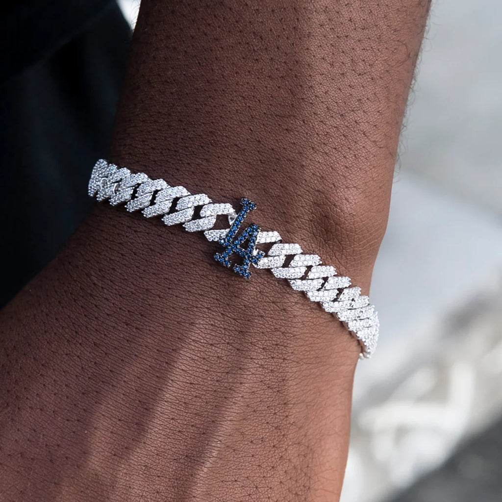 Los Angeles Dodgers Official MLB Diamond Prong Cuban Bracelet in White Gold- 8.5mm