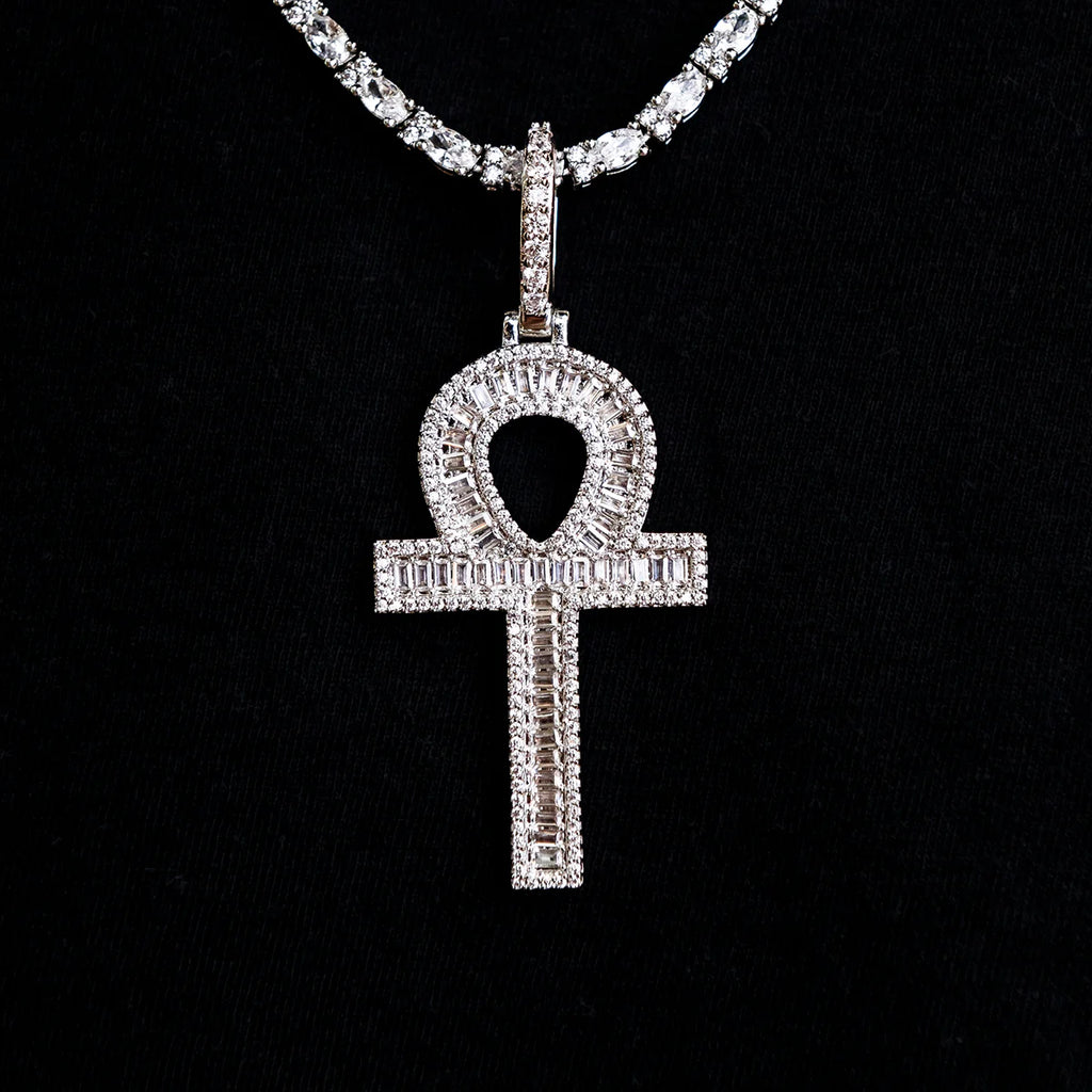 Diamond Baguette Ankh Cross Pendant in White Gold