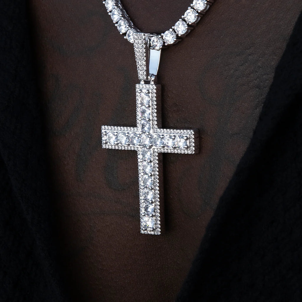 Large Diamond Pave Cross Pendant in White Gold