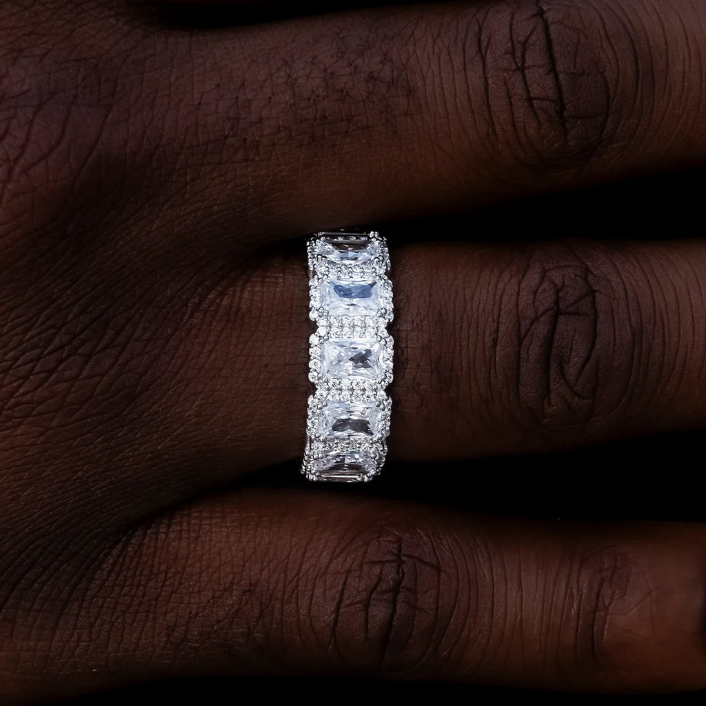 Diamond Baguette Halo Ring in White Gold Vermeil