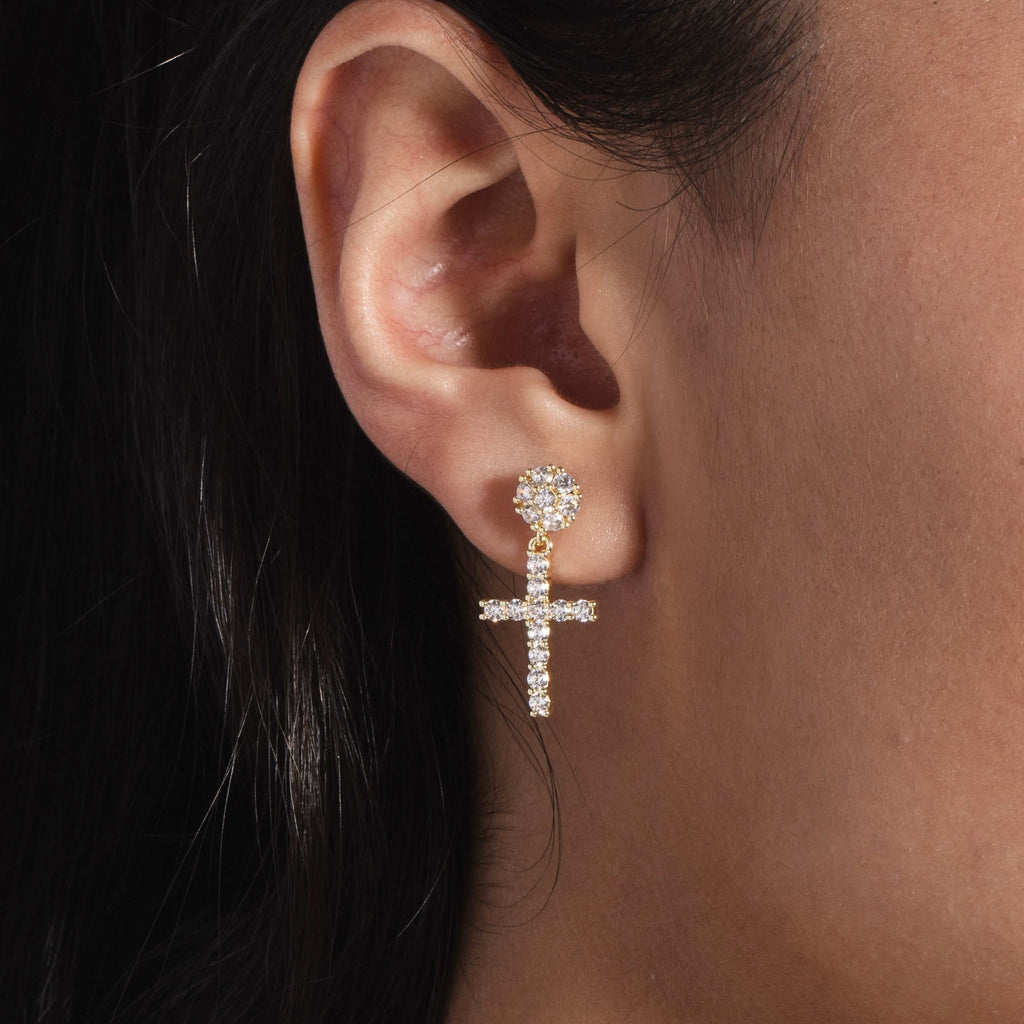 Diamond Studded Cross Earrings in Yellow Gold