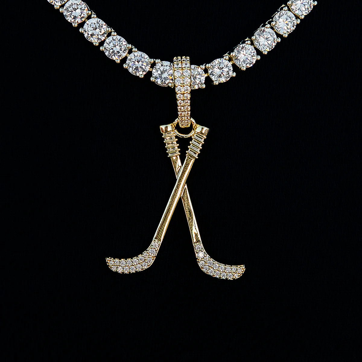 Iced Hockey Sticks Pendant in Yellow Gold