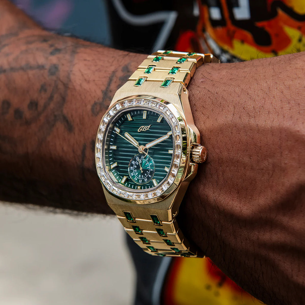 39MM Visionary Moissanite Iced Emerald Stone Band Watch - Yellow Gold