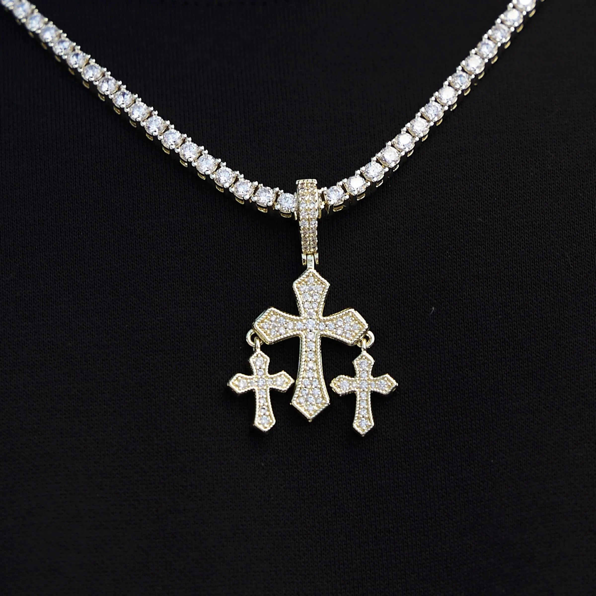 Micro Iced Triple Cross Pendant in Yellow Gold
