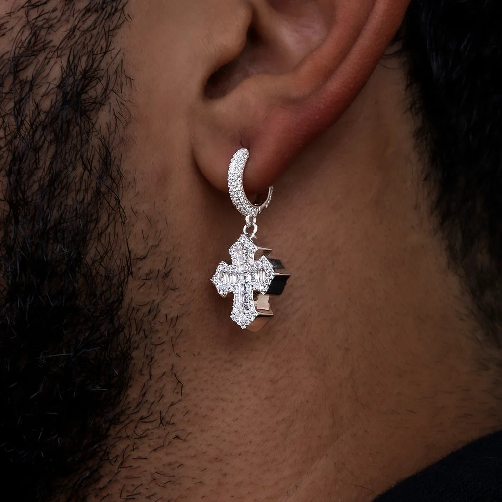 Baguette Gothic Cross Hoop Earrings