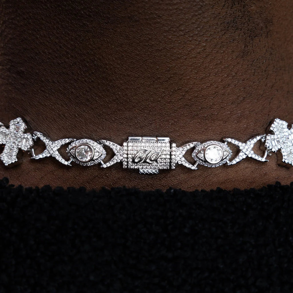Baguette Cross Evil Eye Chain + Bracelet in White Gold