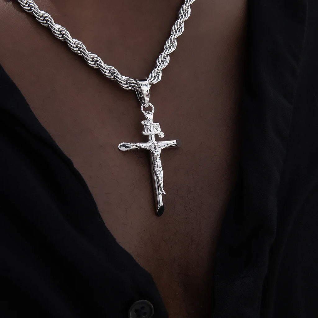 Large Crucifix Cross Pendant in White Gold