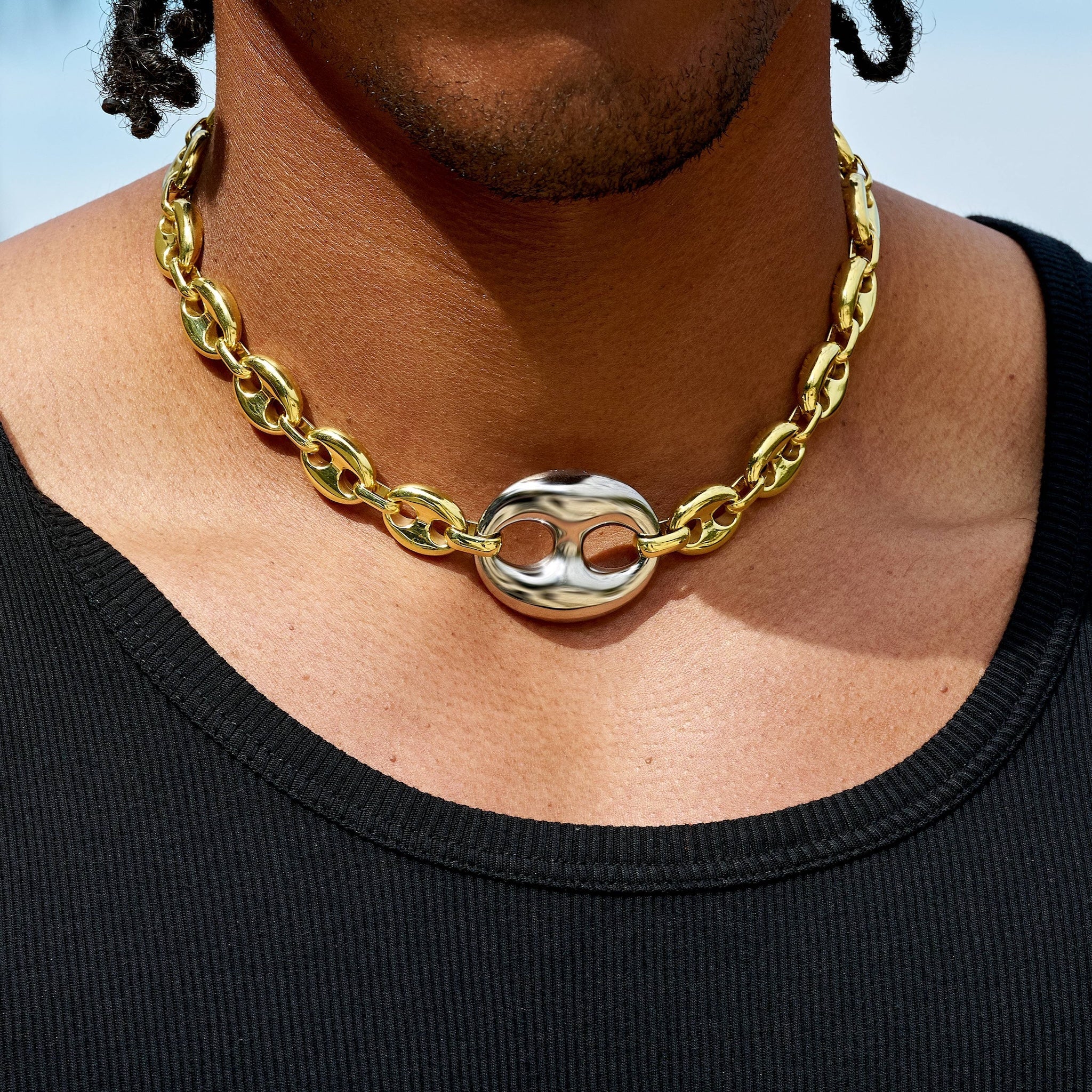 Two Tone Large Link Puffed Mariner Chain in Yellow & White Gold - 15mm