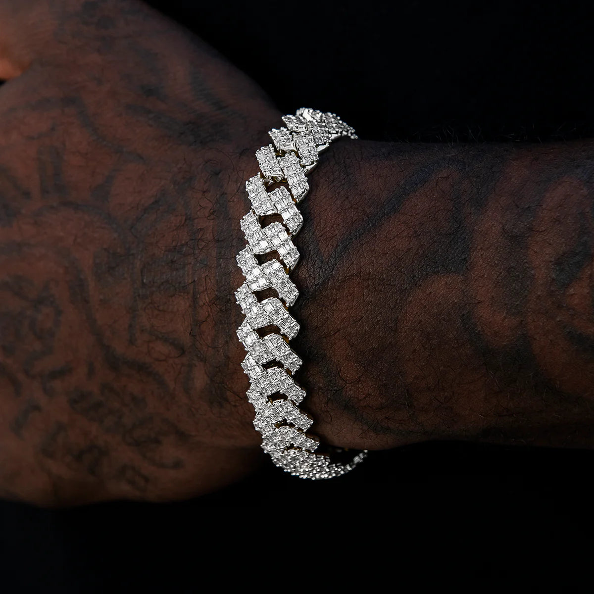 12MM Prong Baguette Cuban Bracelet - White Gold